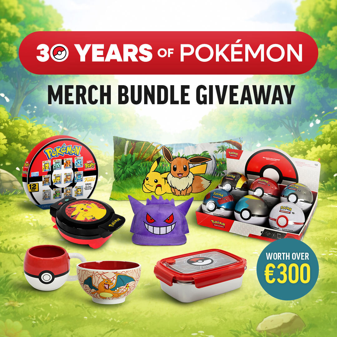Collage for the “30 Years of Pokémon” merch bundle giveaway showing Poké Ball mugs, lunch box, Pikachu waffle maker, Charizard bowl, Pikachu and Eevee cushion, Gengar cap and other Pokémon collectibles on a green background.