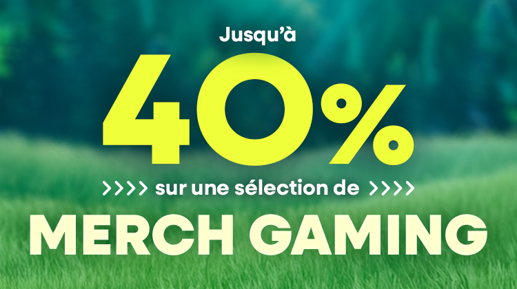 Jusqu’à 40 pour cent de réduction sur une sélection de produits gaming sur fond de paysage vert.