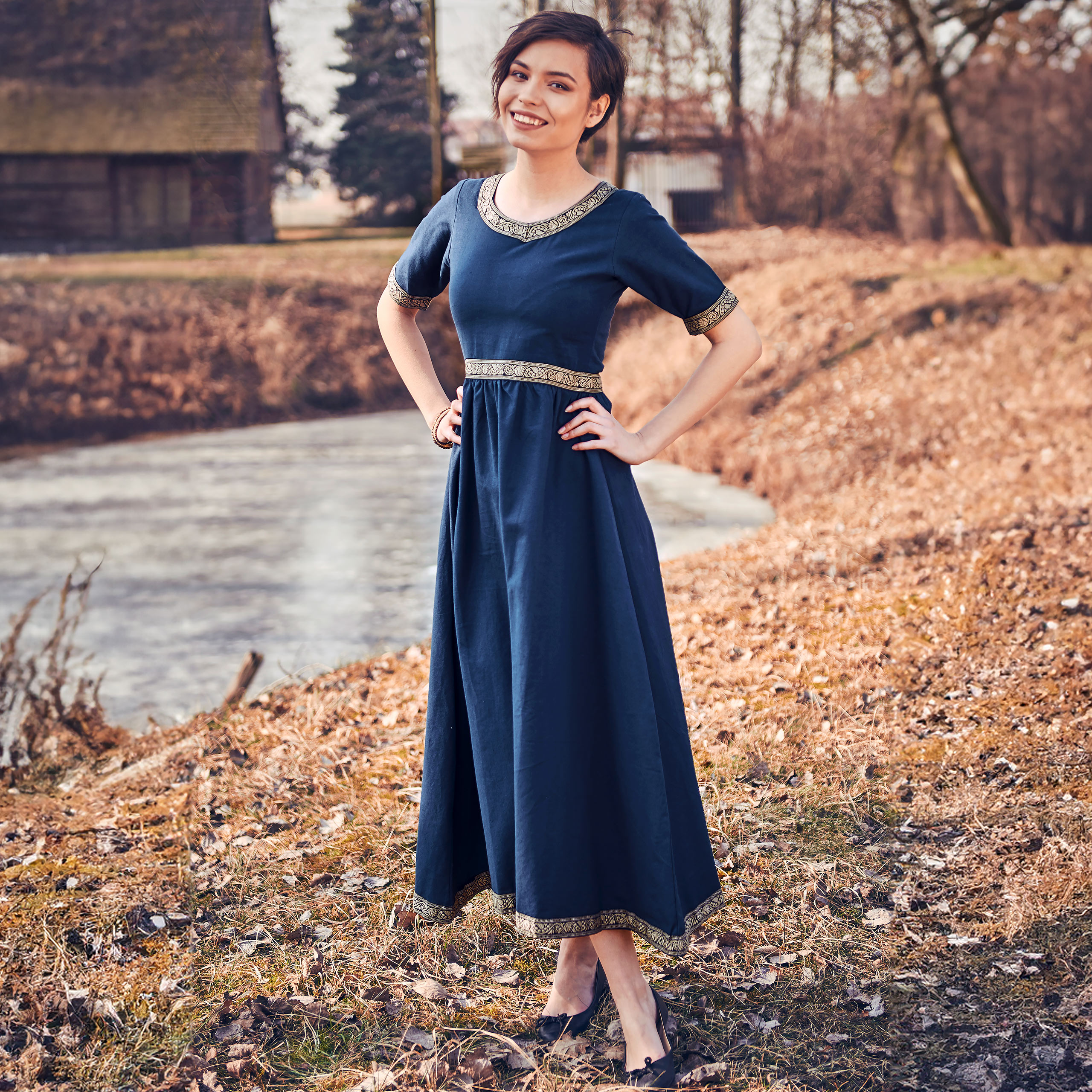 Middeleeuwse jurk Ennlin met korte mouw blauw