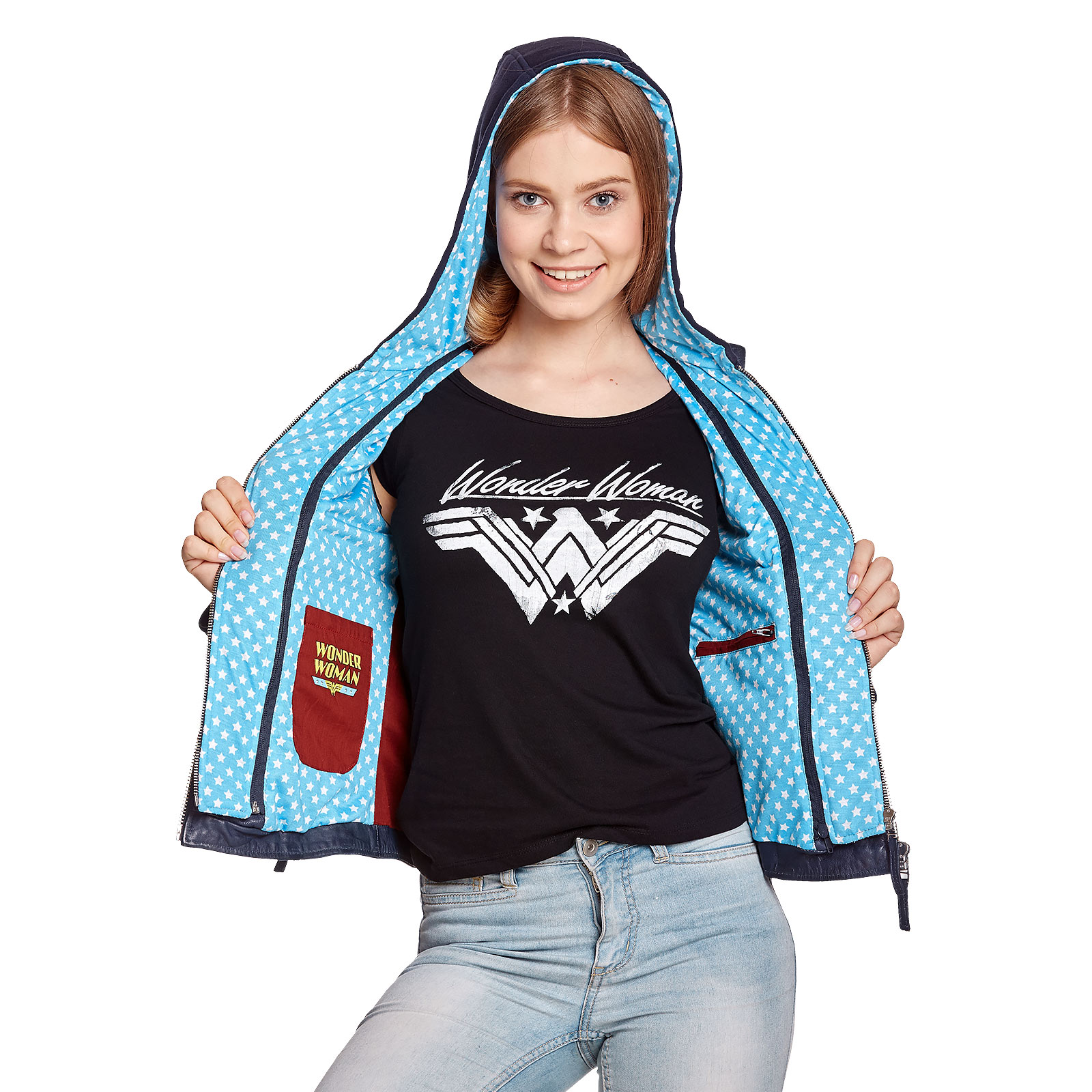 Wonder Woman - Logo Lederjacke mit Kapuze blau