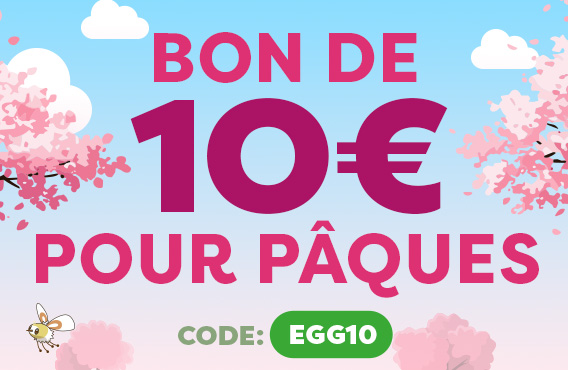 Motif printanier avec fleurs de cerisier. Texte : bon de Pâques de 10 €, code EGG10.