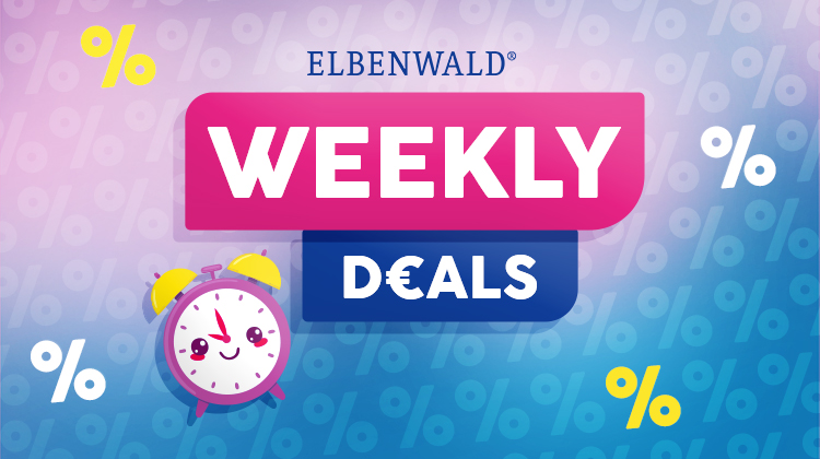 Colourful discount graphic with "Weekly Deals" text in pink and blue, background full of percentage signs. Cute alarm clock with a face in the corner. Button: Save now. Elbenwald promo graphic.