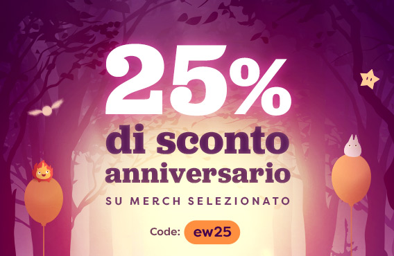 Illustrazione di una foresta con palloncini e piccole creature magiche. Testo: “25% di sconto anniversario su merch selezionato. Code: ew25”