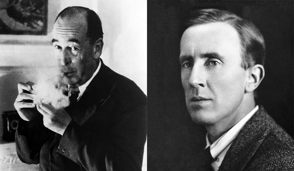 Black-and-white image showing side-by-side portraits of J.R.R. Tolkien and C.S. Lewis.