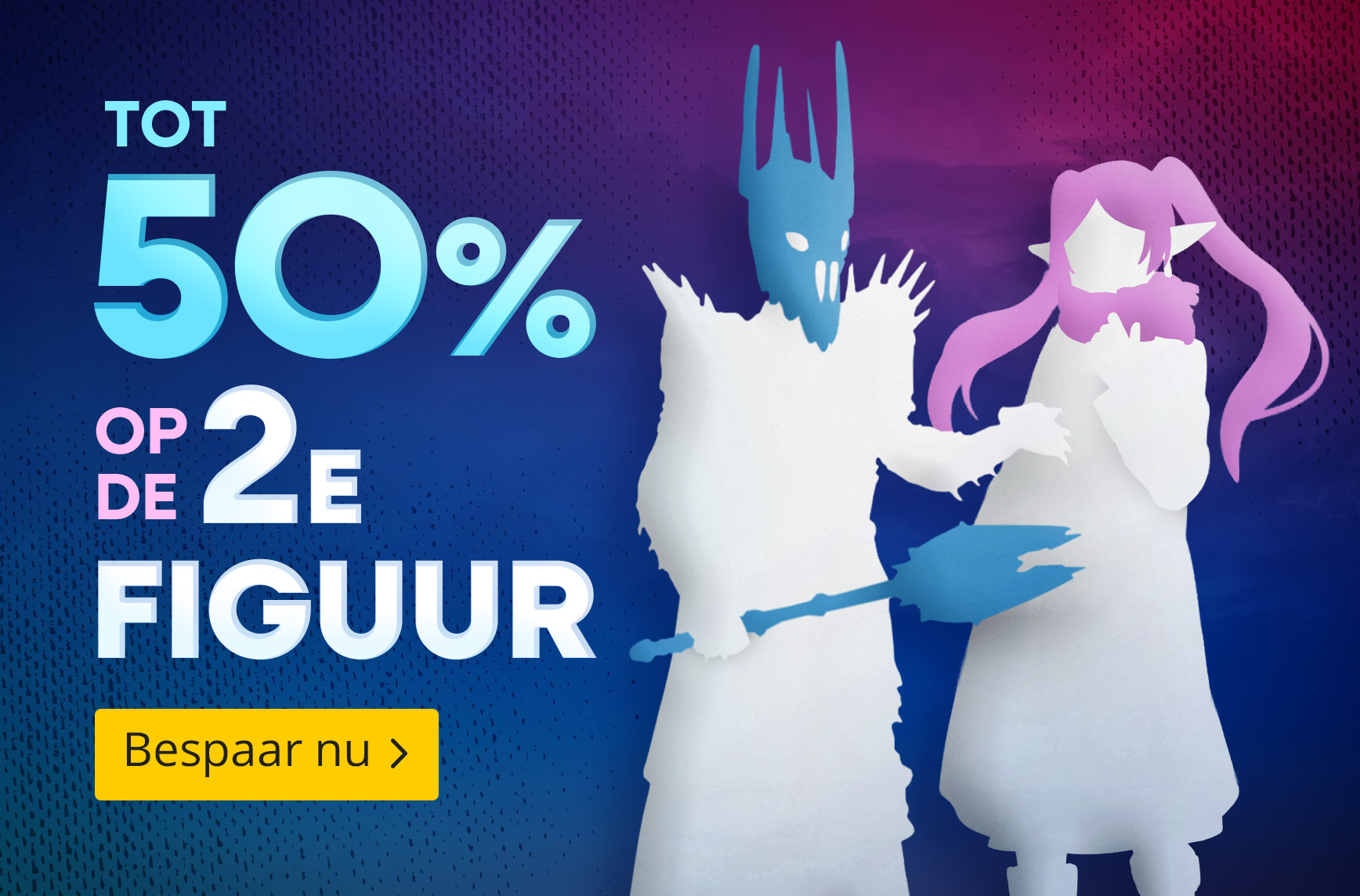 Actiegrafiek met tot 50% korting op het tweede figuur. Twee gestileerde figuursilhouetten op een kleurrijke achtergrond met oproep om nu te besparen.