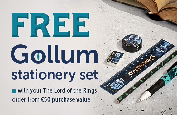 The Lord of the Rings stationery set featuring Gollum design with ruler, pencil, ballpoint pen, eraser and sharpener on a table. Text: Free Gollum stationery set from €50 purchase value.