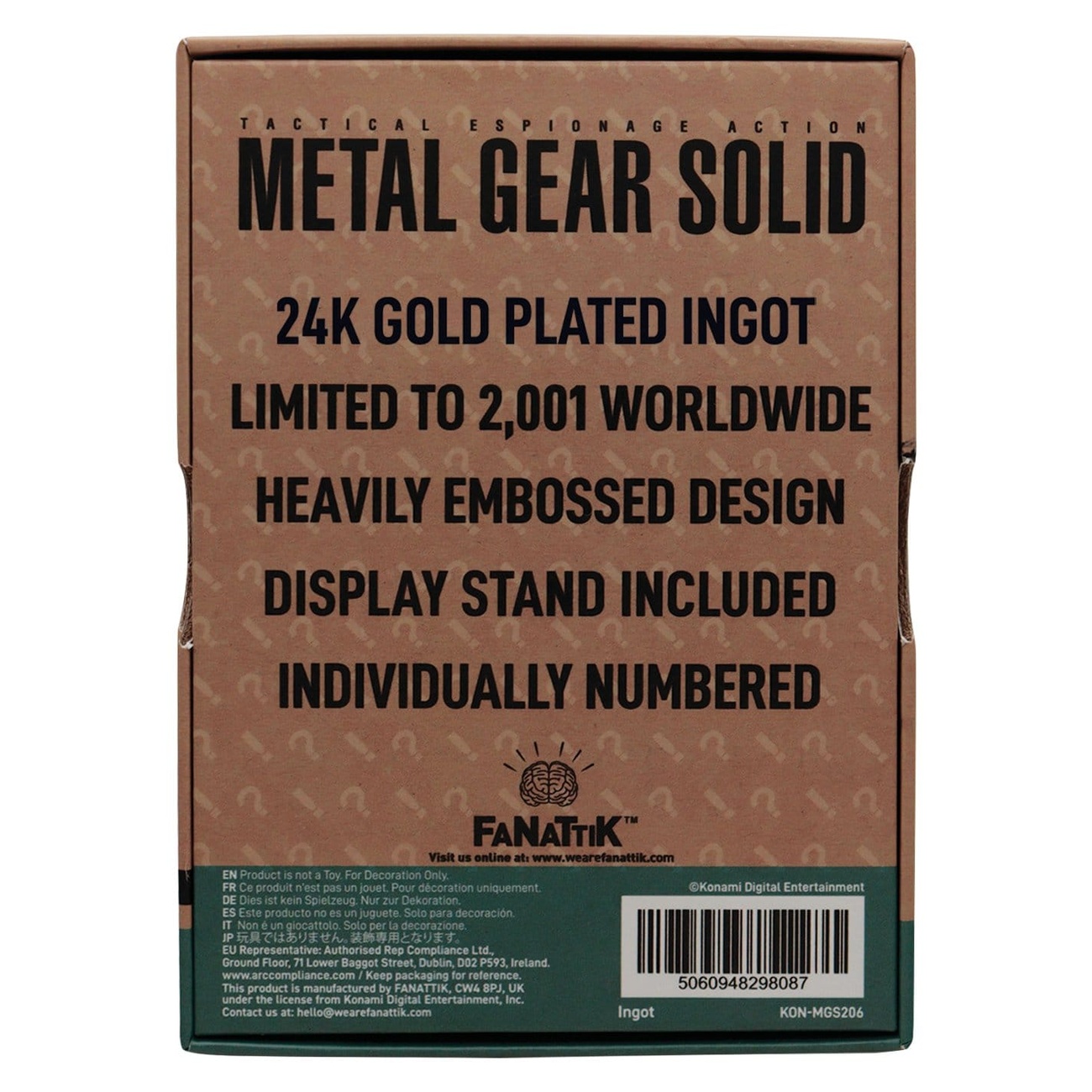 Metal Gear Solid 2 Sztabka metalu Raiden 24k Gold Plated Limited Edition