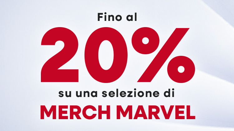 Grafica promozionale con grande simbolo percentuale rosso su sfondo chiaro. Testo: Fino al 20% di sconto su merchandising Marvel selezionato.