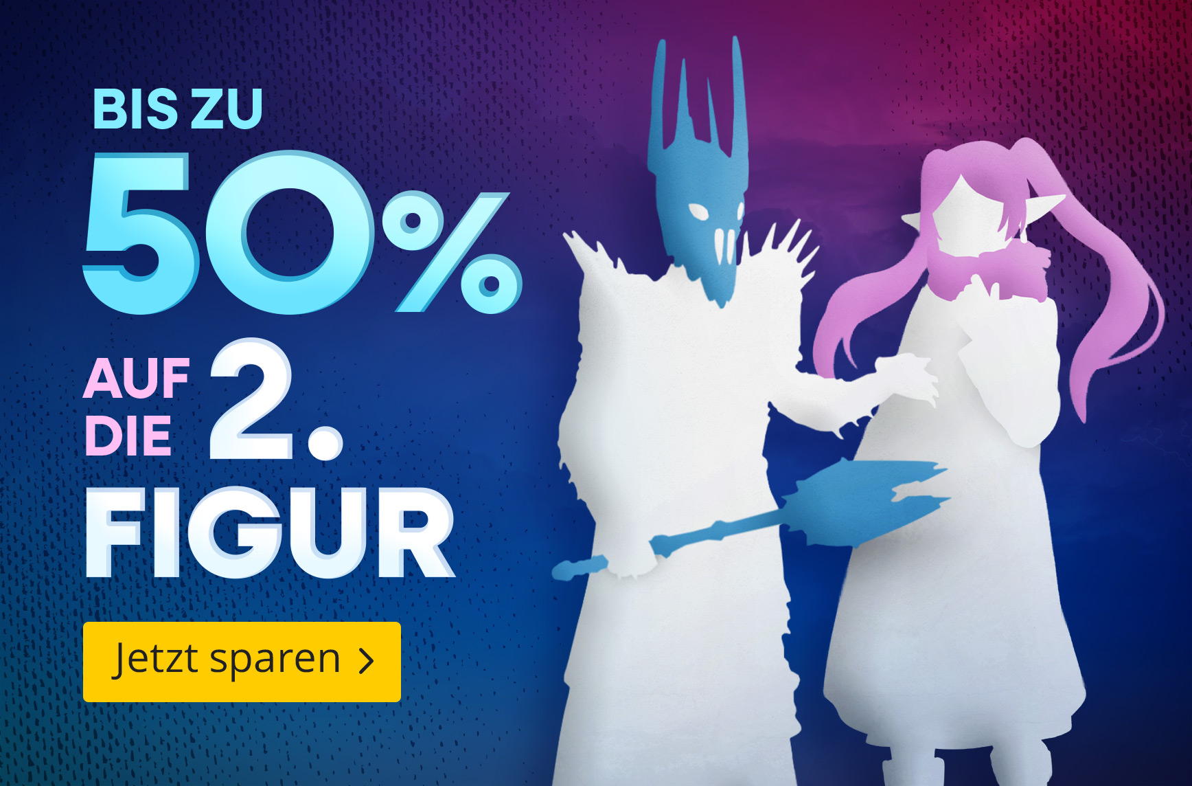 Aktionsgrafik mit Hinweis auf bis zu 50 % Rabatt auf die zweite Figur. Zwei stilisierte Figuren-Silhouetten vor farbigem Hintergrund und Call-to-Action „Jetzt sparen“.