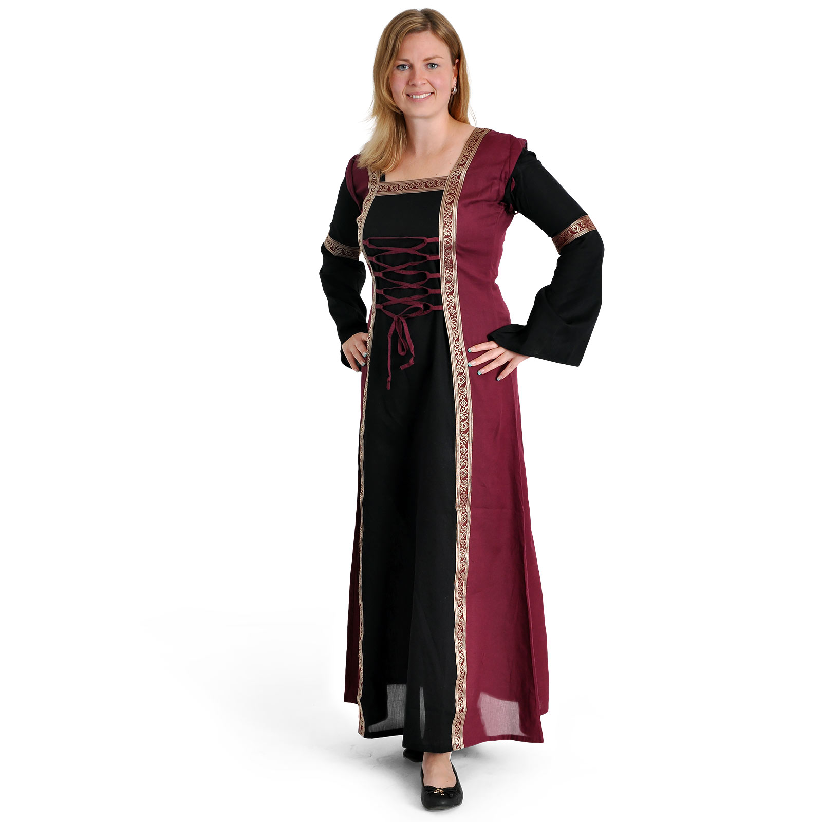 Mittelalter Kleid Applonia mit abnehmbaren Ärmeln schwarz-bordeaux