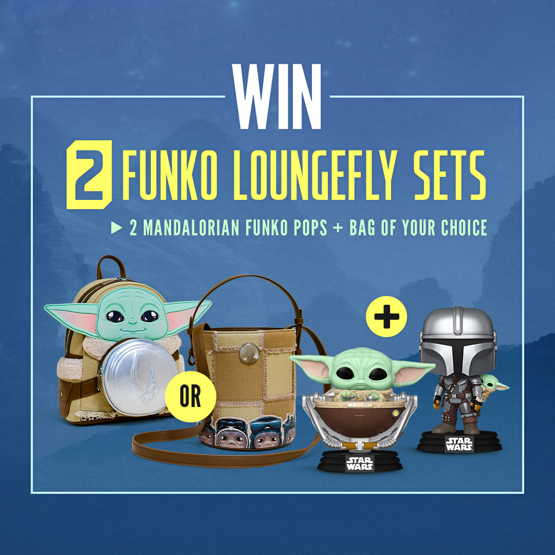 Win 1 of 2 Star Wars Funko Loungefly sets featuring The Mandalorian & Grogu with two Funko Pops and a bag of your choice – either a Grogu backpack or crossbody bag – on a blue sci-fi background.