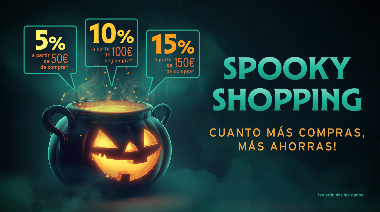 Caldero negro con cara de calabaza brillante y poción humeante. Texto: “Spooky Shopping – ¡Cuanto más compras, más ahorras!”. Descuentos: “5% desde 50 €, 10% desde 100 €, 15% desde 150 € de compra”.