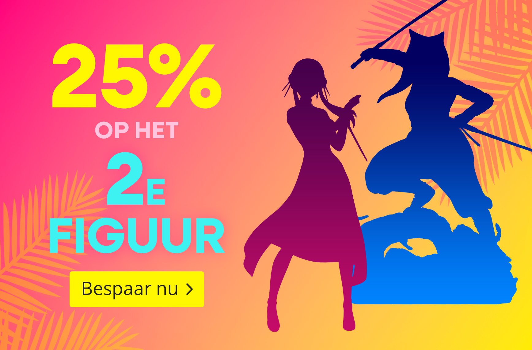 Kleurrijke graphic met anime-silhouetten en palmbladeren. Tekst: 25% korting op de 2e figure, bespaar nu.