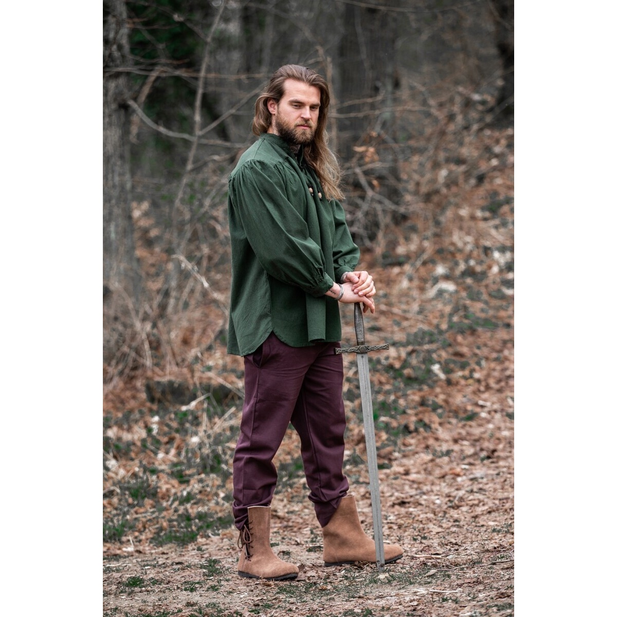 Medieval Stand-Up Collar Lace-Up Shirt Georg mottled green