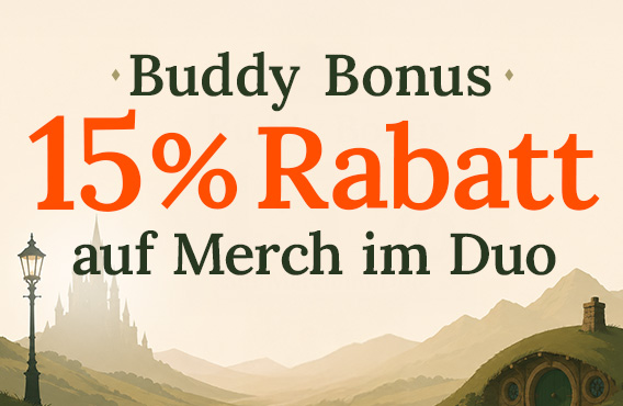 Im Hintergrund sind Berge, ein Hobbit-Haus und eine Burg zu sehen. Text: Buddy Bonus, 15 Prozent Rabatt auf Merch im Duo.