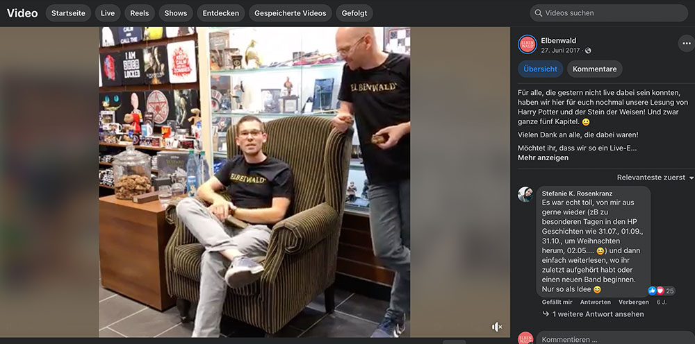 Capture d'écran Facebook : Lecture en direct d'Harry Potter dans le magasin de Cottbus