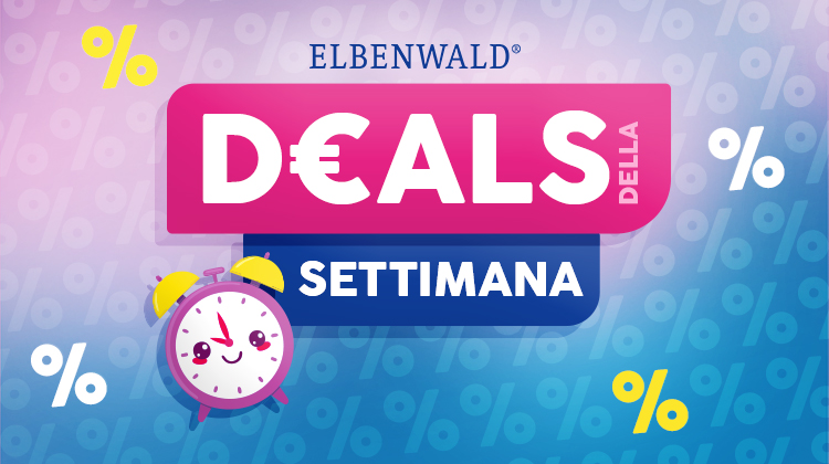 Grafica colorata con la scritta "Deals della settimana" in rosa e blu, sfondo con simboli percentuali. Sveglia carina con faccina nell'angolo in basso. Pulsante: Risparmia. Grafica promozionale Elbenwald.