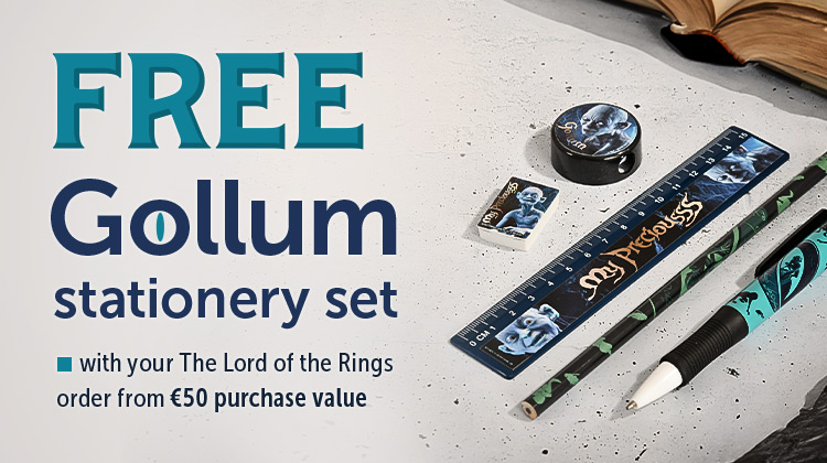 The Lord of the Rings stationery set featuring Gollum design with ruler, pencil, ballpoint pen, eraser and sharpener on a table. Text: Free Gollum stationery set from €50 purchase value.