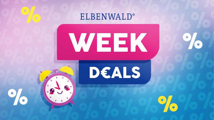 Kleurrijke kortingsgrafiek met tekst "Weekdeals" in roze en blauw, achtergrond met procenttekens. Schattige wekker met gezicht linksonder. Knop: Bespaar nu. Elbenwald-promografiek.