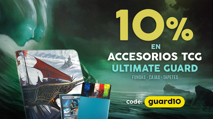 Gráfico de fantasía con accesorios para cartas de Ultimate Guard: tapete, funda y caja de mazo. Texto: 10 % de descuento en accesorios TCG de Ultimate Guard – Código: guard10 – Fundas, cajas, tapetes.
