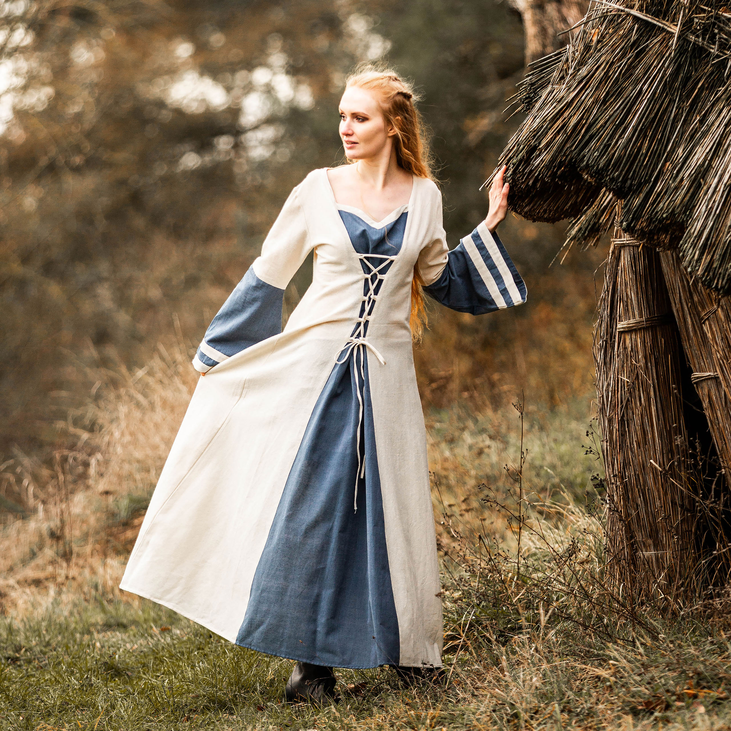Mittelalter Kleid Dorothea blau-natur