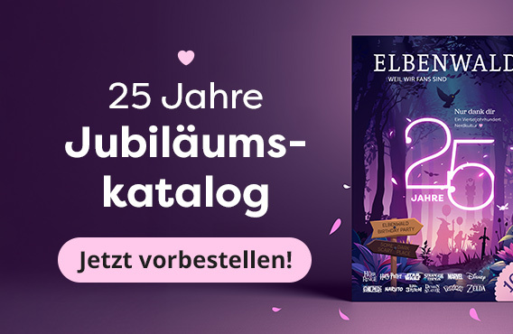 Cover des Elbenwald Jubiläumskatalogs im magischen Wald-Design mit leuchtender „25 Jahre“-Grafik. Text: „25 Jahre Jubiläumskatalog – Jetzt vorbestellen!“.