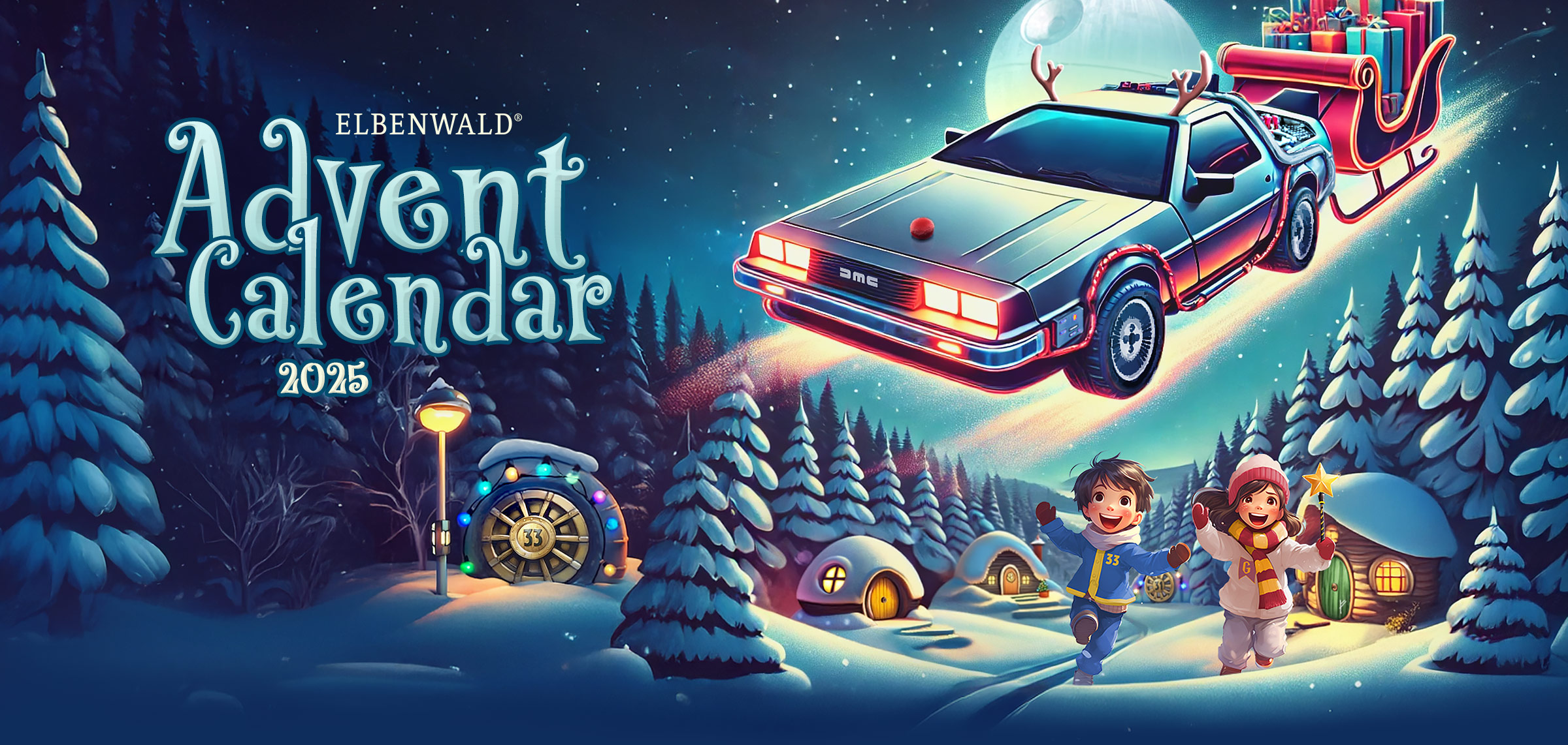 A snowy fantasy village at night, with a flying DeLorean pulling a Christmas sleigh overhead. Two children run through the snow in festive outfits featuring magical and pop-culture references from various fandoms.