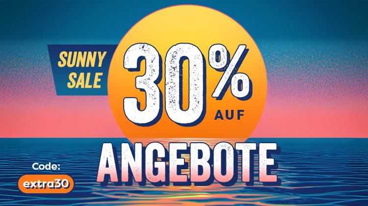 Bunte Grafik mit Sonnenuntergang über stilisiertem Meer. Große gelbe Sonne mit Text: „Sunny Sale – 30 % auf Angebote“. Rabattcode: extra30.