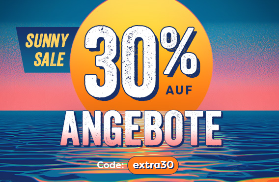 Bunte Grafik mit Sonnenuntergang über stilisiertem Meer. Große gelbe Sonne mit Text: „Sunny Sale – 30 % auf Angebote“. Rabattcode: extra30.