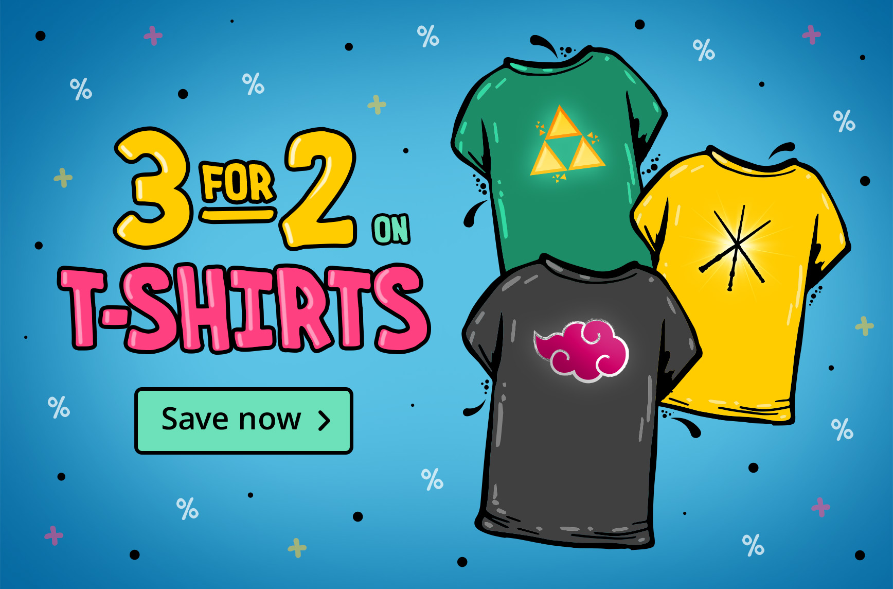 Illustration of three nerdy T-shirts on a blue background with text: 3 for 2 on T-shirts – Save now. Elbenwald promotion.