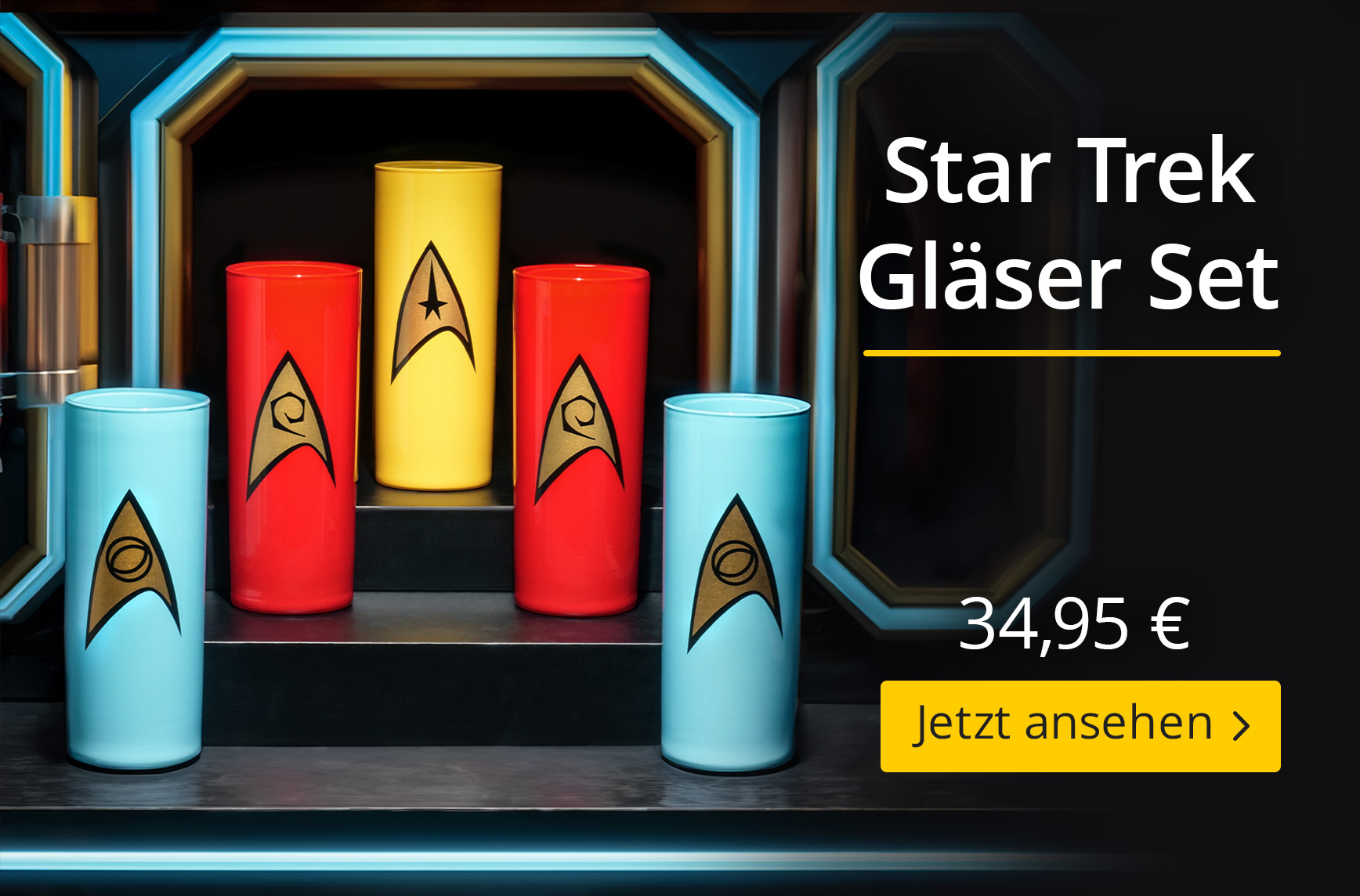 Star Trek Gläser Set mit fünf bunten Gläsern und Sternenflottenabzeichen in einer futuristischen Vitrine, Preis 34,95 Euro, Button „Jetzt ansehen“.