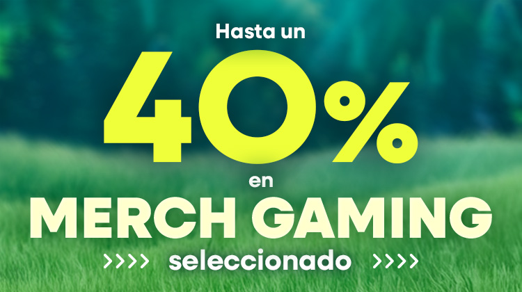 Hasta un 40 por ciento de descuento en merchandising gaming seleccionado con fondo de paisaje verde.