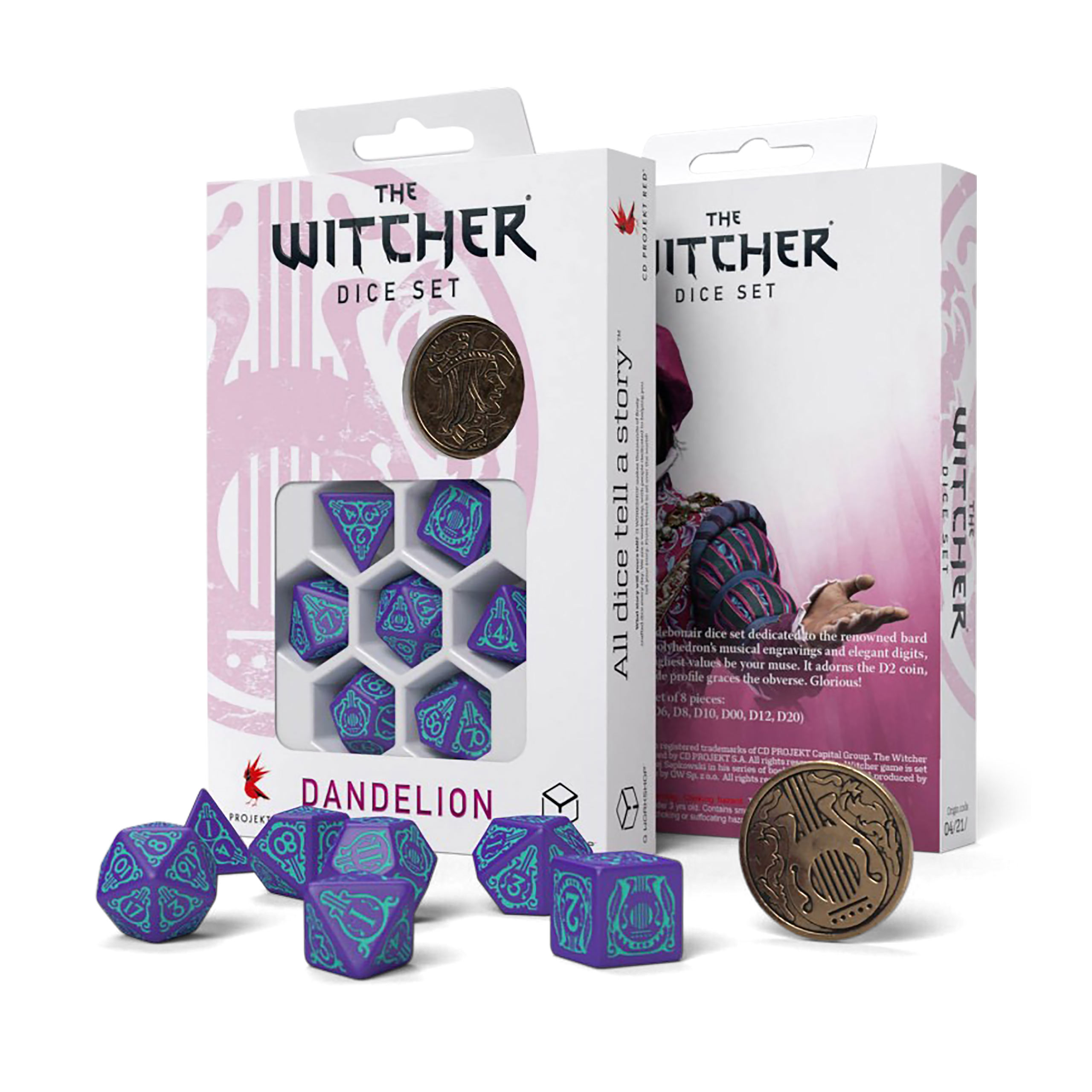 Witcher - Dandelion Demi-siècle de poésie RPG Set de dés 7pcs avec pièce de collection