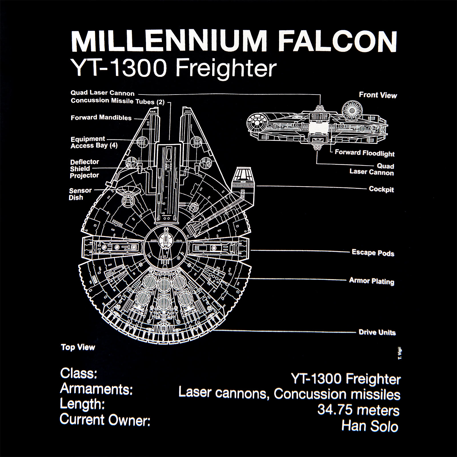 Star Wars - Millennium Falcon Sketch T-Shirt Black
