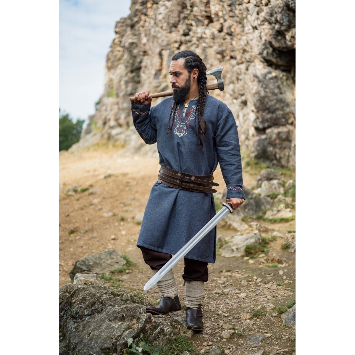 Túnica vikinga medieval Freki azul grisáceo