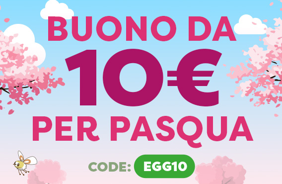 Motivo primaverile con fiori di ciliegio. Testo: buono di Pasqua da 10 €, codice EGG10.