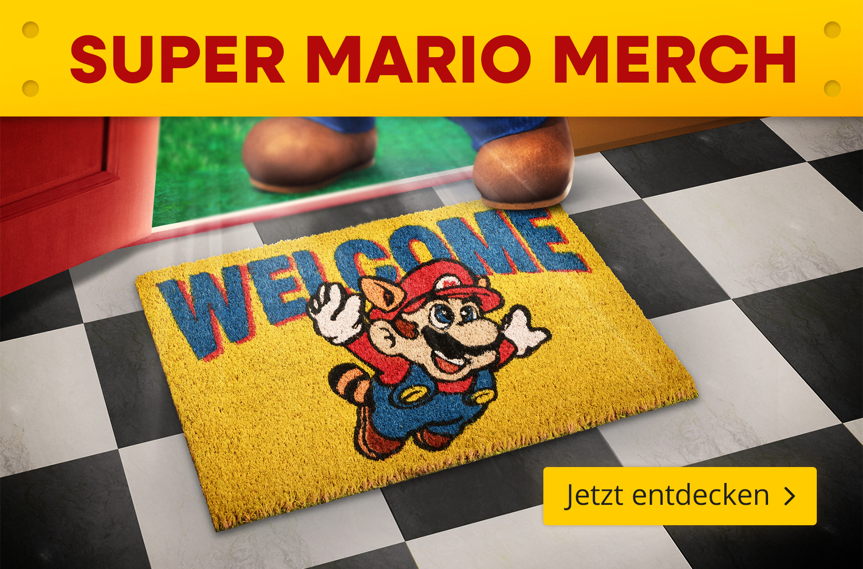 Super Mario Fußmatte mit „Welcome“-Schriftzug und springendem Mario vor einer Tür, Überschrift „Super Mario Merch“, Button „Jetzt entdecken“.