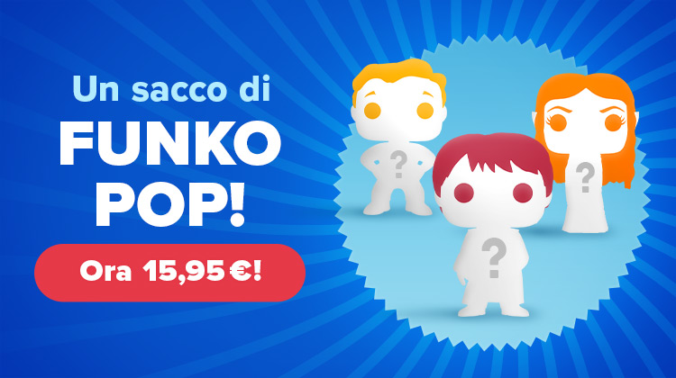 Tre figure stilizzate Funko Pop! con punto interrogativo sul petto su sfondo blu. Testo: Un sacco di Funko Pop! Ora 15,95 €! Grafica promozionale Elbenwald.