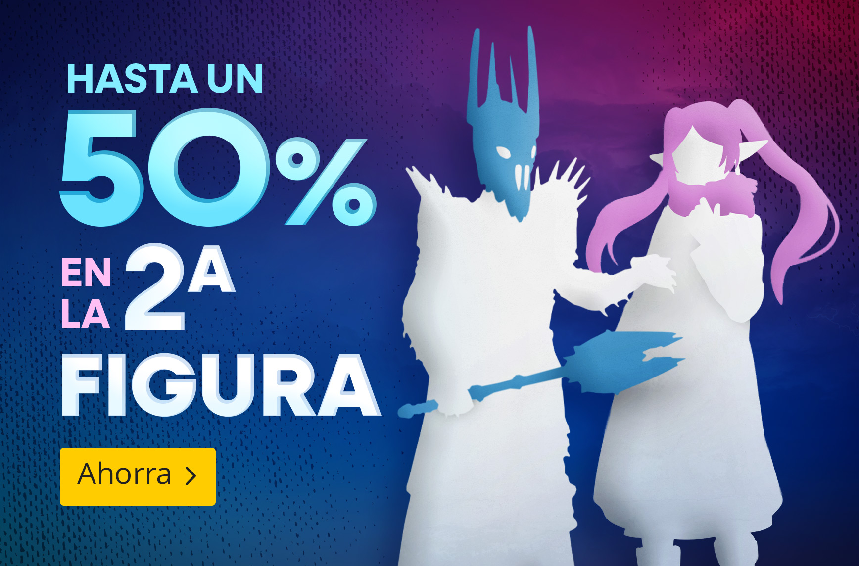 Gráfico promocional con hasta un 50 % de descuento en la segunda figura. Dos siluetas estilizadas sobre un fondo colorido con llamada a la acción.