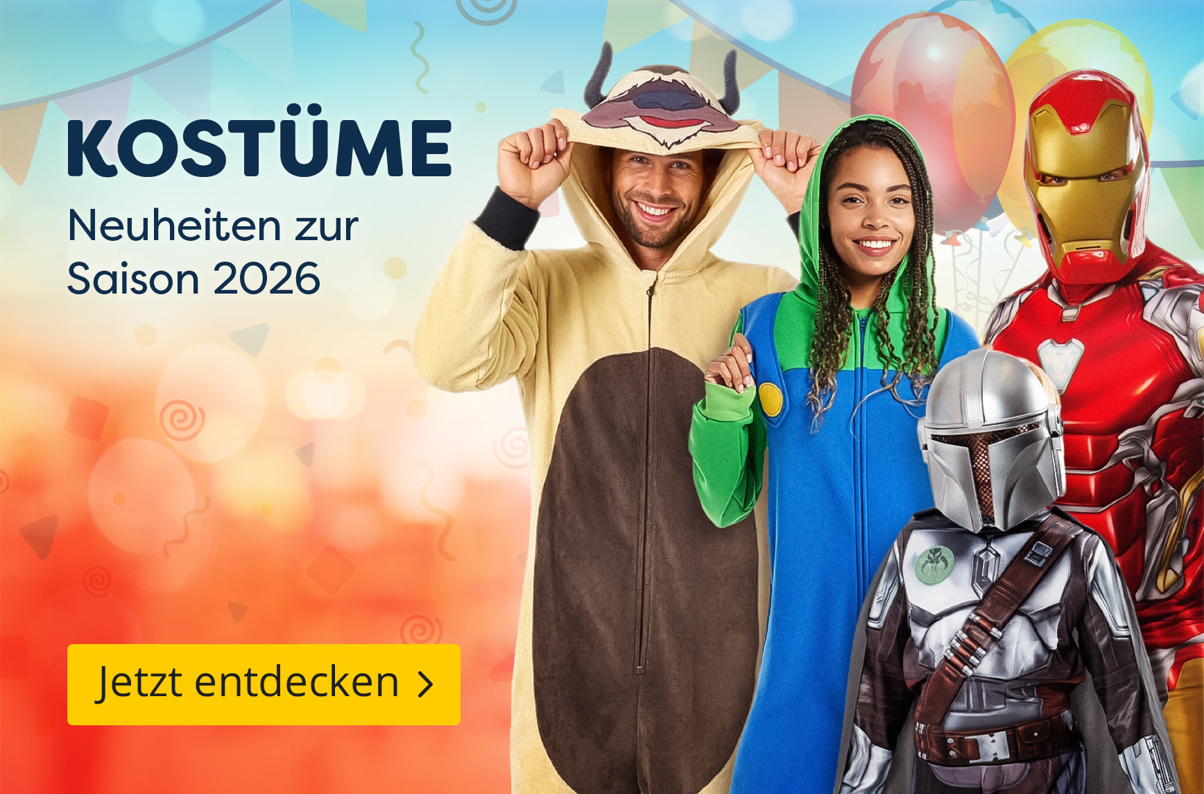 Vier verkleidete Personen vor buntem Partyhintergrund mit Luftballons: ein Mann im Appa-Onesie, eine Frau im Luigi-Kostüm, eine Person im Iron-Man-Anzug und ein Kind im Mandalorianer-Kostüm. Text: Kostüme - Neuheiten zur Saison 2026, Jetzt entdecken.