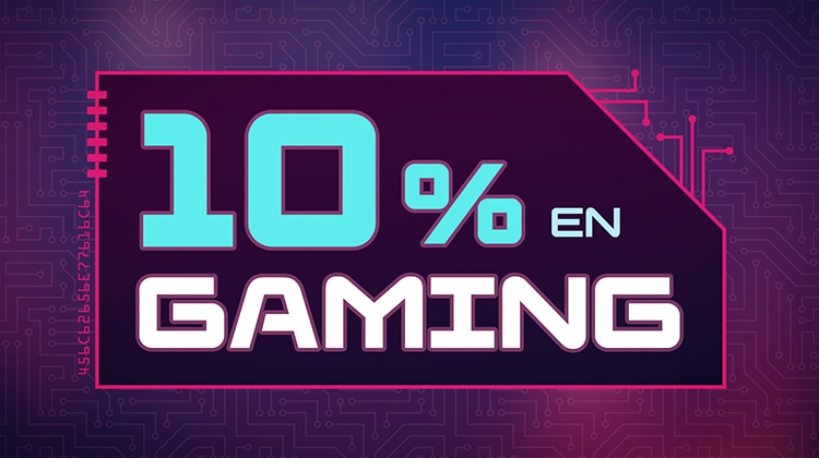 Imagen con texto “10% en Gaming” en colores neón sobre fondo de circuito azul y rosa.