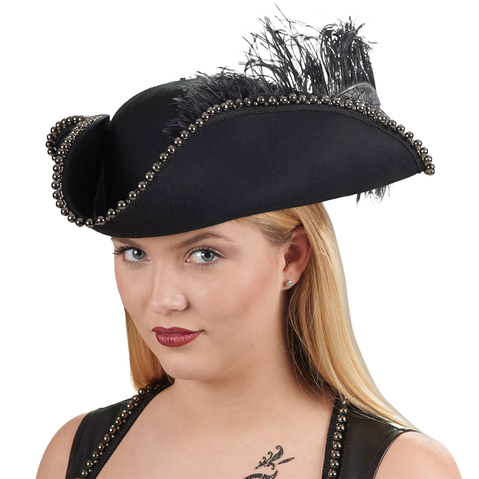 Tricorn with pearl border and feather black