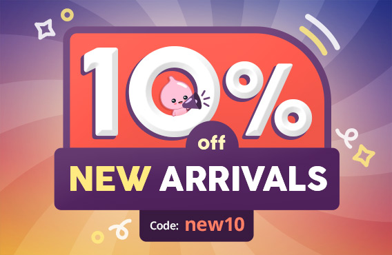 Colourful discount graphic with large "10%" text and a cute mascot holding a megaphone inside the zero. Text: 10% off new arrivals – Code: new10. Elbenwald promo graphic.