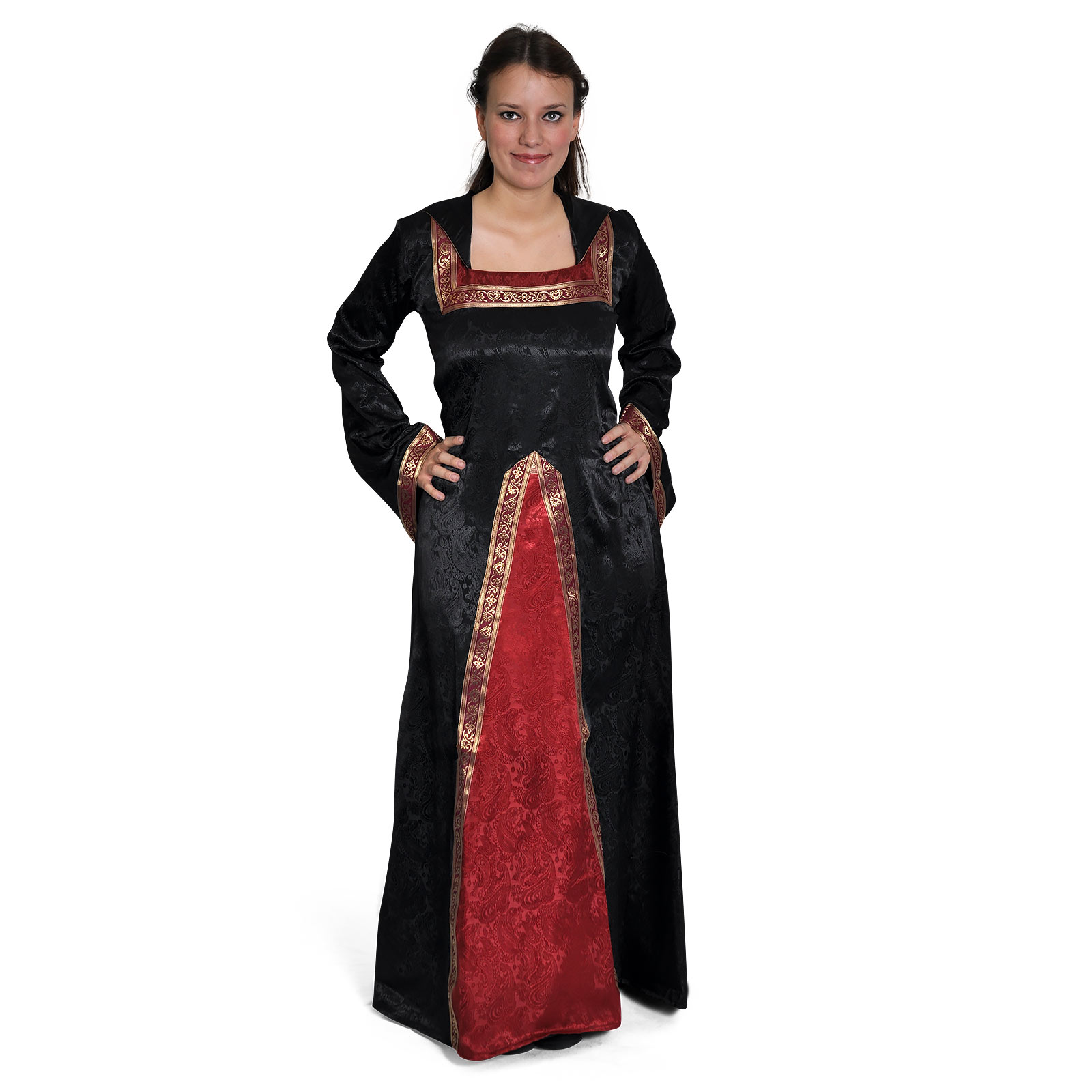 Robe Médiévale Otilia avec Capuche Pointue Noir-Bordeaux
