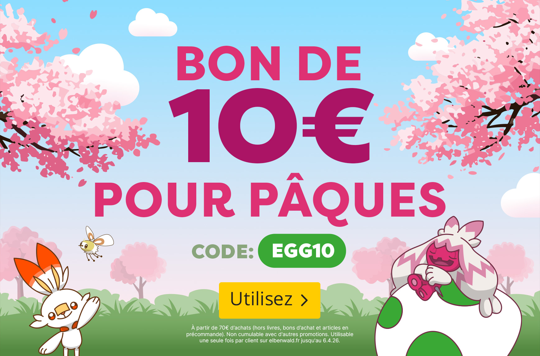 Scène printanière avec fleurs de cerisier et Pokémon Scorbunny et Bewear. Texte : bon de Pâques de 10 €, code EGG10. Utiliser maintenant.