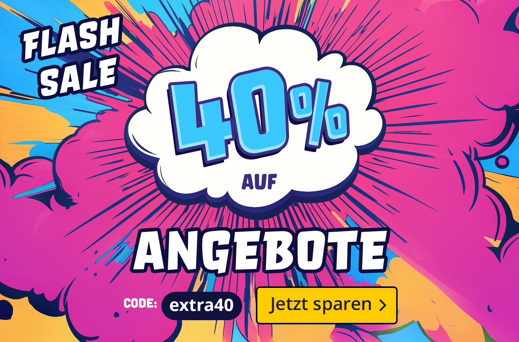 Bunte Comic-Grafik im Pop-Art-Stil mit Sprechblase: 40 % auf Angebote. Text: Flash Sale – Code: extra40 – Jetzt sparen. Elbenwald-Aktionsgrafik.