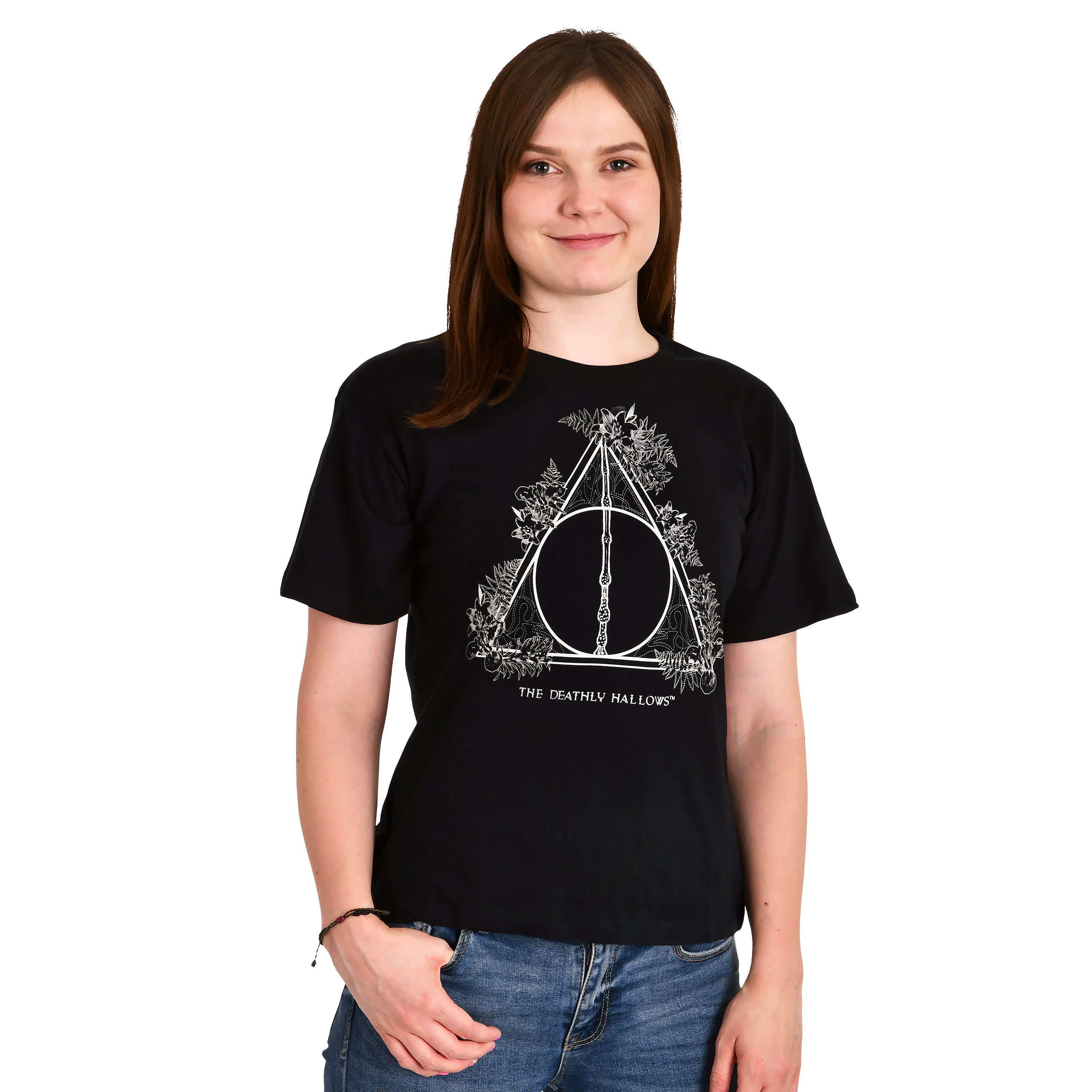 Harry Potter - Floral Deathly Hallows Dames T-shirt Zwart