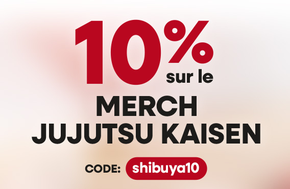 Visuel promotionnel avec texte : 10 % de réduction sur le merch Jujutsu Kaisen. Code shibuya10.