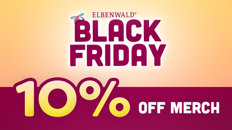 Black Friday graphic by Elbenwald with bold text and 10 percent off merch. Warm yellow and pink background.