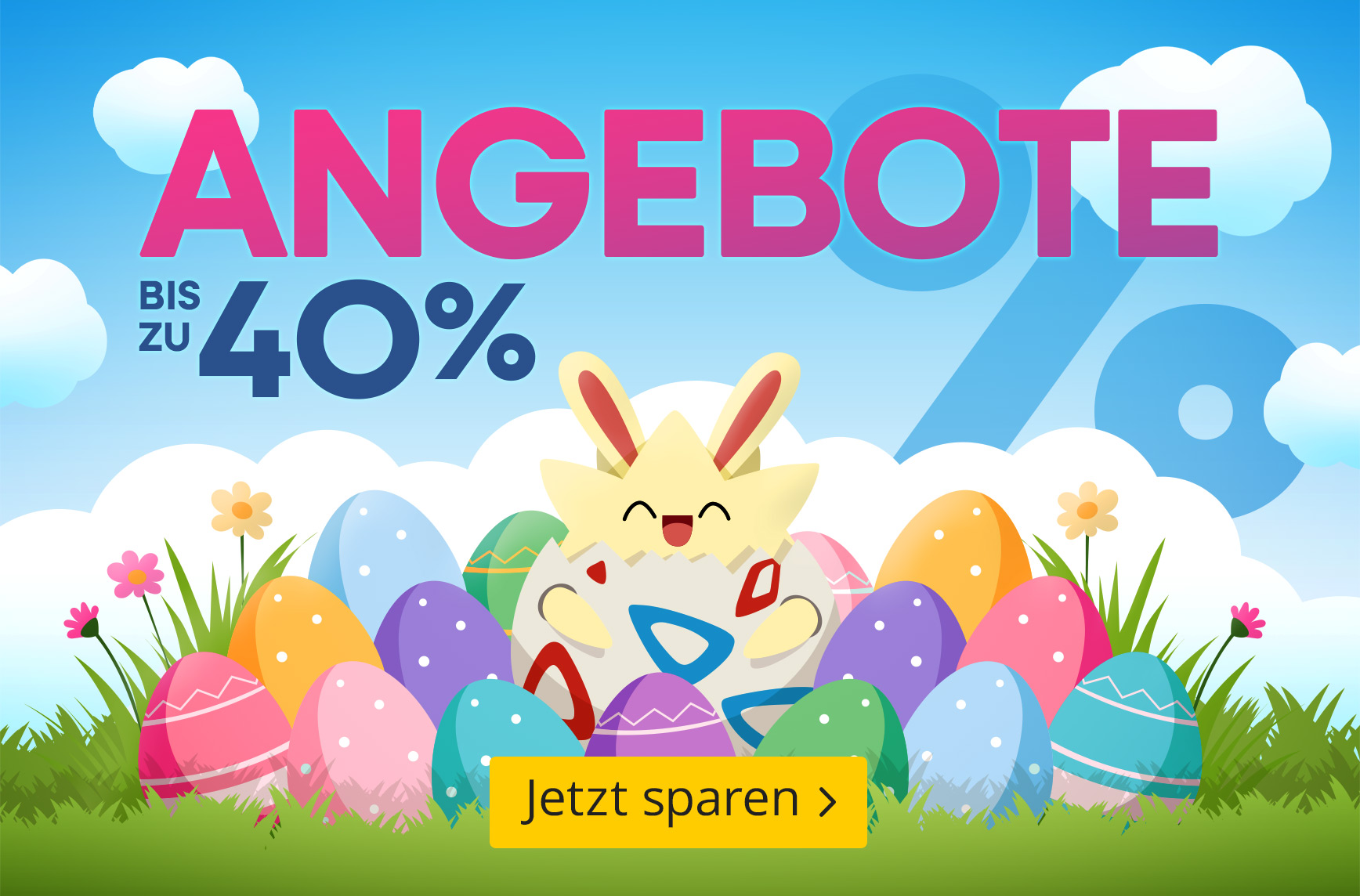 Togepi zwischen bunten Ostereiern auf einer Frühlingswiese, Schriftzug „Angebote bis zu 40 %“, Button „Jetzt sparen“.